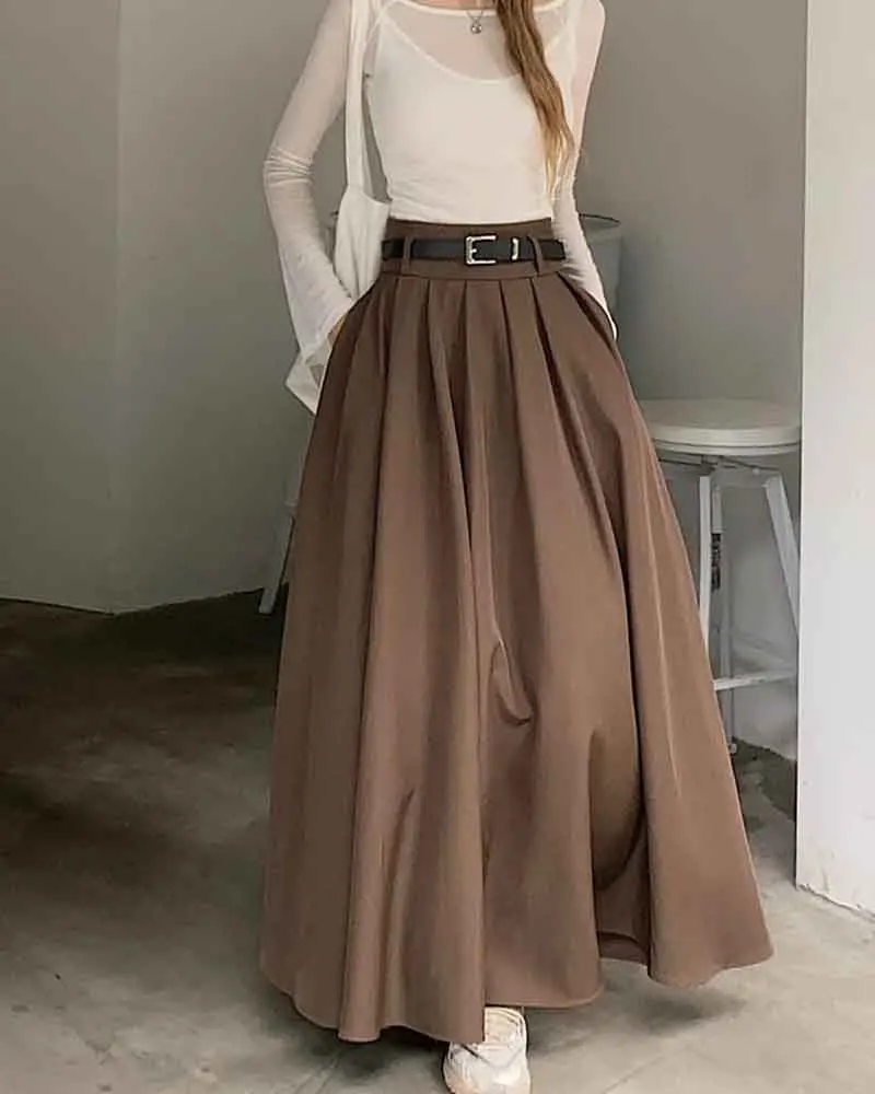 Elegant Belt Ankle Length Skirts Women Autumn Korean High Waist Solid A Line Skirts Fashion Chic All Match Pleated Long Skirts
