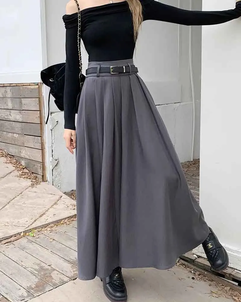 Elegant Belt Ankle Length Skirts Women Autumn Korean High Waist Solid A Line Skirts Fashion Chic All Match Pleated Long Skirts