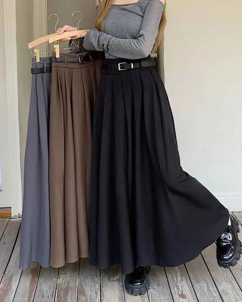 Elegant Belt Ankle Length Skirts Women Autumn Korean High Waist Solid A Line Skirts Fashion Chic All Match Pleated Long Skirts