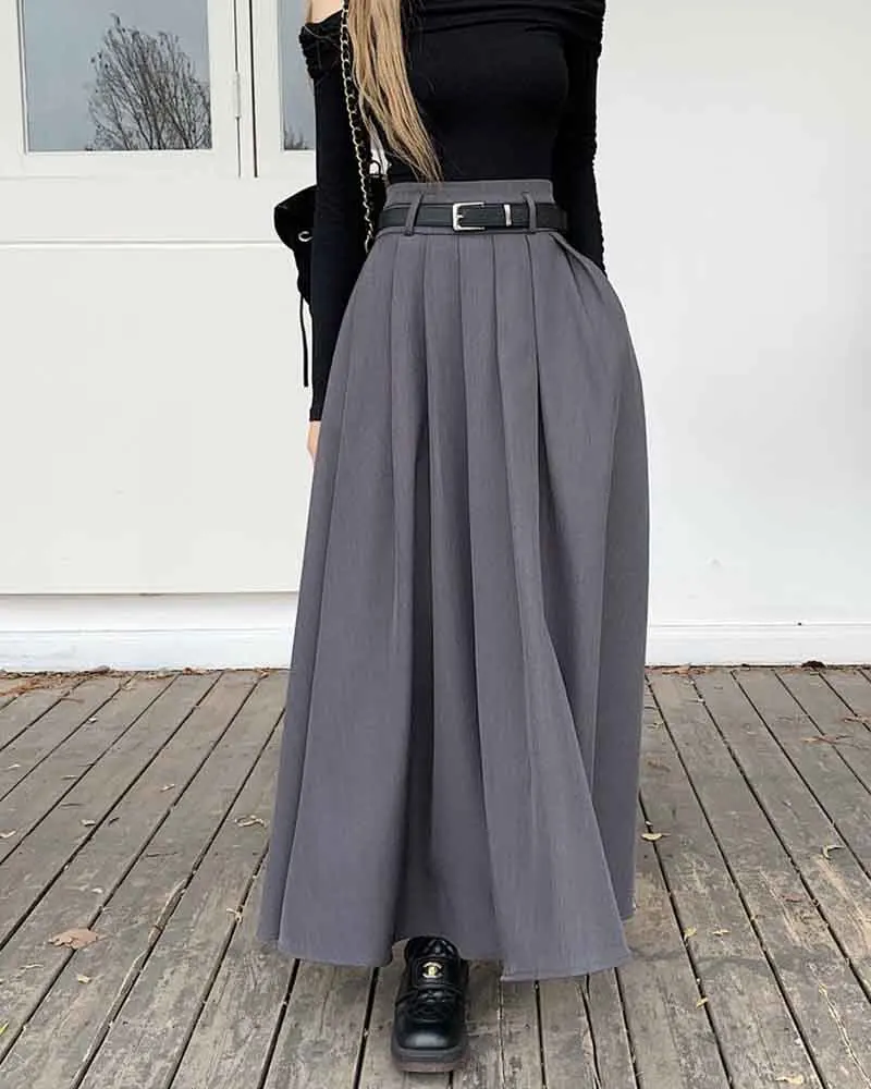Elegant Belt Ankle Length Skirts Women Autumn Korean High Waist Solid A Line Skirts Fashion Chic All Match Pleated Long Skirts