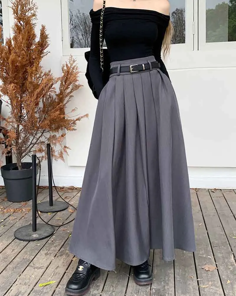 Elegant Belt Ankle Length Skirts Women Autumn Korean High Waist Solid A Line Skirts Fashion Chic All Match Pleated Long Skirts