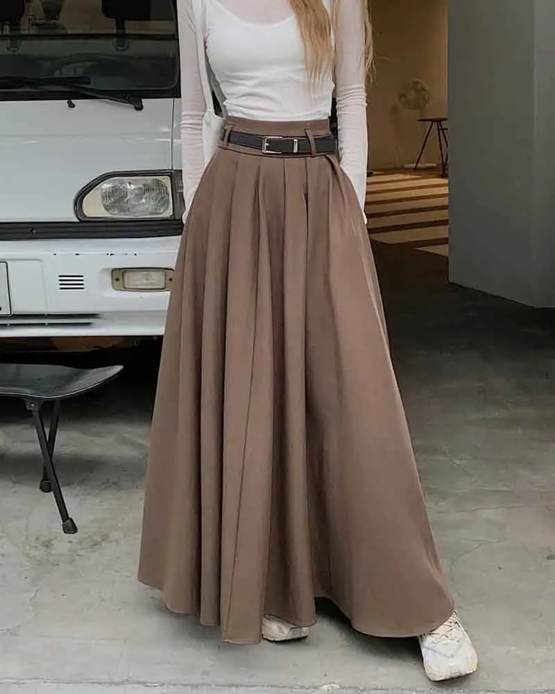 Elegant Belt Ankle Length Skirts Women Autumn Korean High Waist Solid A Line Skirts Fashion Chic All Match Pleated Long Skirts