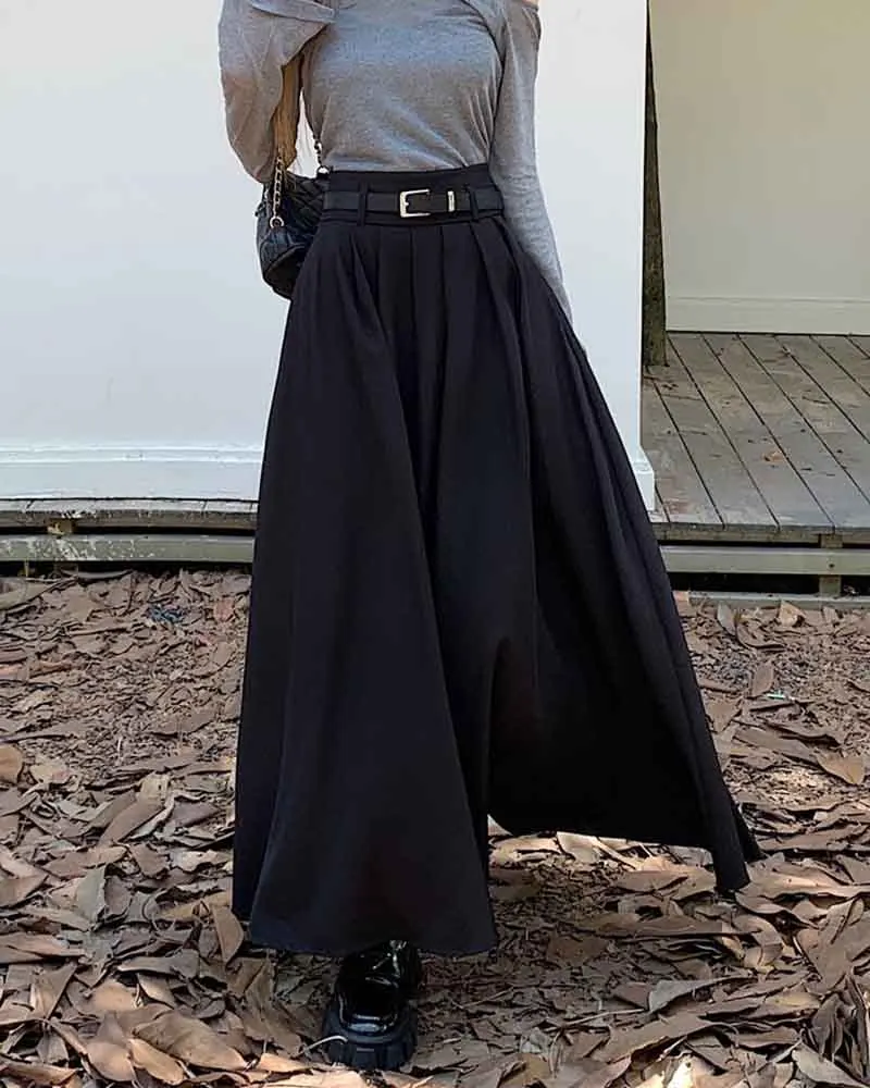 Elegant Belt Ankle Length Skirts Women Autumn Korean High Waist Solid A Line Skirts Fashion Chic All Match Pleated Long Skirts