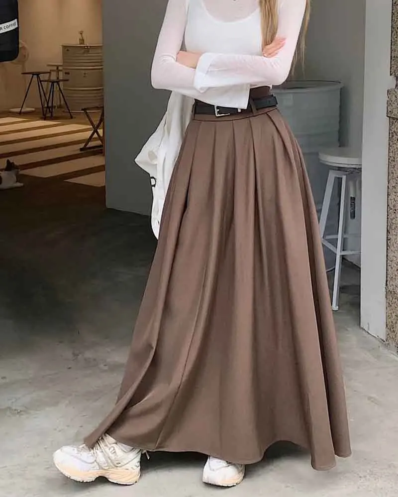Elegant Belt Ankle Length Skirts Women Autumn Korean High Waist Solid A Line Skirts Fashion Chic All Match Pleated Long Skirts