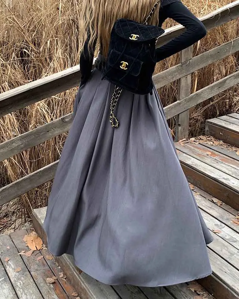 Elegant Belt Ankle Length Skirts Women Autumn Korean High Waist Solid A Line Skirts Fashion Chic All Match Pleated Long Skirts