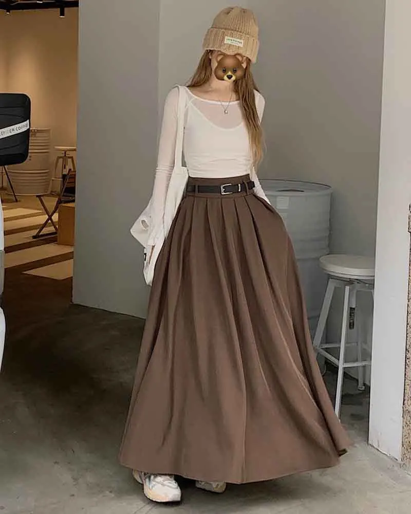 Elegant Belt Ankle Length Skirts Women Autumn Korean High Waist Solid A Line Skirts Fashion Chic All Match Pleated Long Skirts