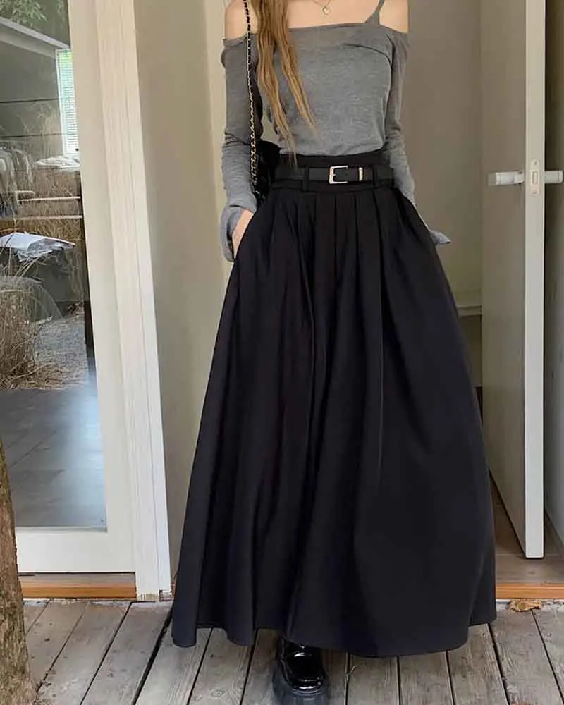 Elegant Belt Ankle Length Skirts Women Autumn Korean High Waist Solid A Line Skirts Fashion Chic All Match Pleated Long Skirts