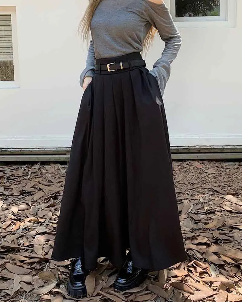 Elegant Belt Ankle Length Skirts Women Autumn Korean High Waist Solid A Line Skirts Fashion Chic All Match Pleated Long Skirts