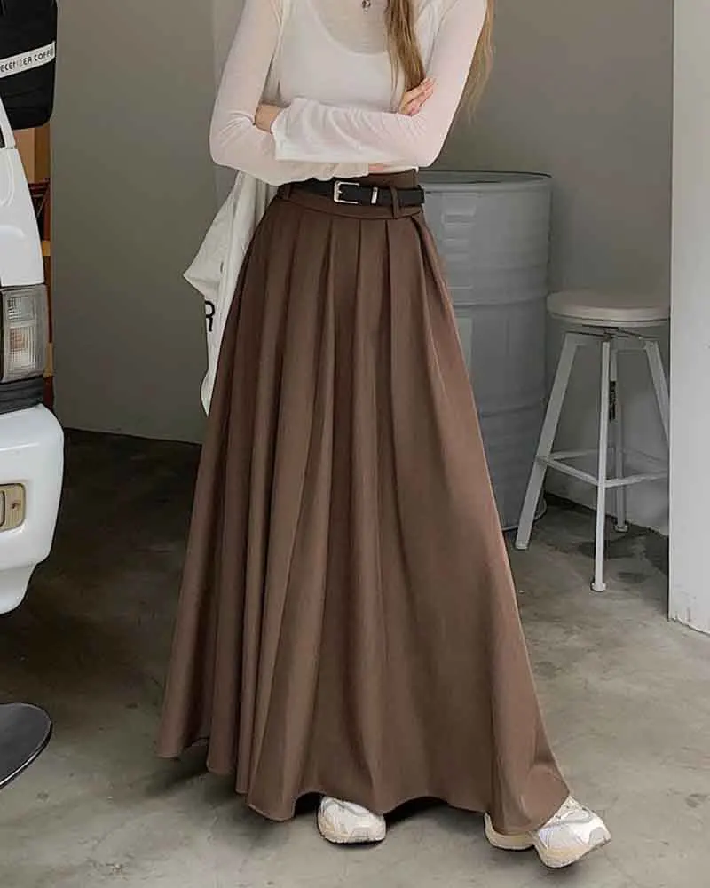 Elegant Belt Ankle Length Skirts Women Autumn Korean High Waist Solid A Line Skirts Fashion Chic All Match Pleated Long Skirts