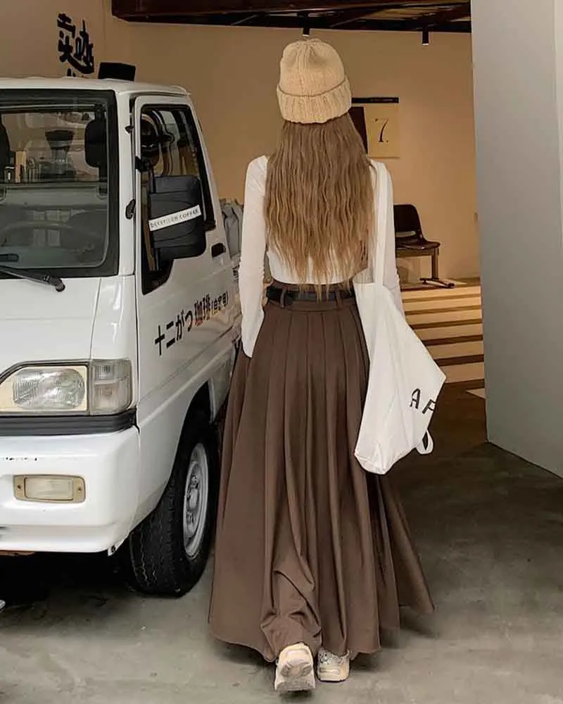 Elegant Belt Ankle Length Skirts Women Autumn Korean High Waist Solid A Line Skirts Fashion Chic All Match Pleated Long Skirts