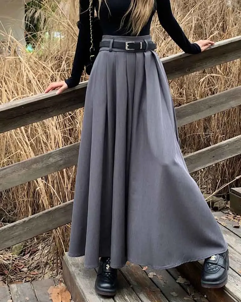 Elegant Belt Ankle Length Skirts Women Autumn Korean High Waist Solid A Line Skirts Fashion Chic All Match Pleated Long Skirts