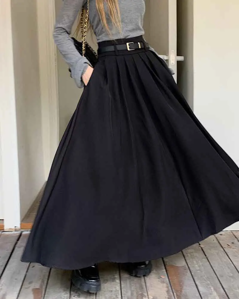 Elegant Belt Ankle Length Skirts Women Autumn Korean High Waist Solid A Line Skirts Fashion Chic All Match Pleated Long Skirts