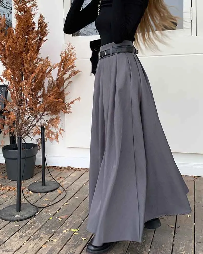 Elegant Belt Ankle Length Skirts Women Autumn Korean High Waist Solid A Line Skirts Fashion Chic All Match Pleated Long Skirts