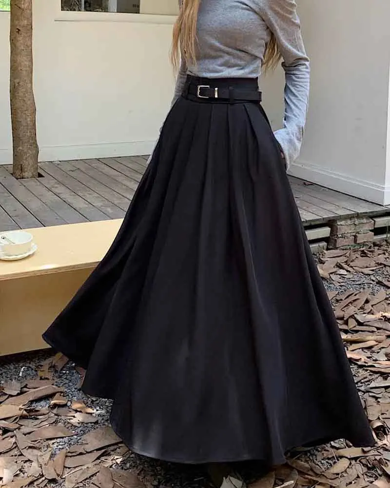 Elegant Belt Ankle Length Skirts Women Autumn Korean High Waist Solid A Line Skirts Fashion Chic All Match Pleated Long Skirts