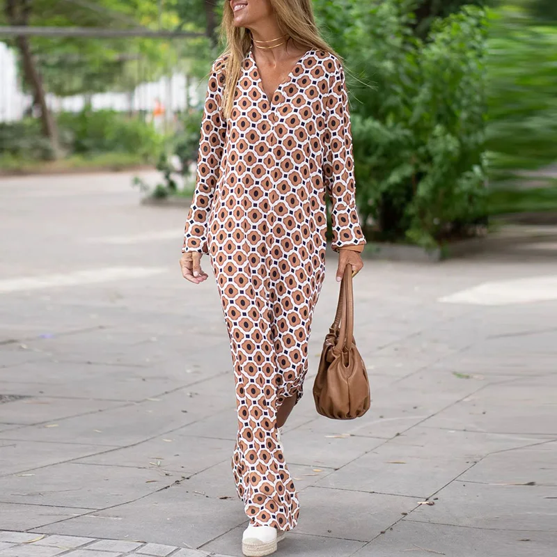 Women Geometric Printing Split Maxi Dress 2023 Summer Causal V Neck Long Sleeve Dresses Female Holiday Beach Boho Dress Vestidos