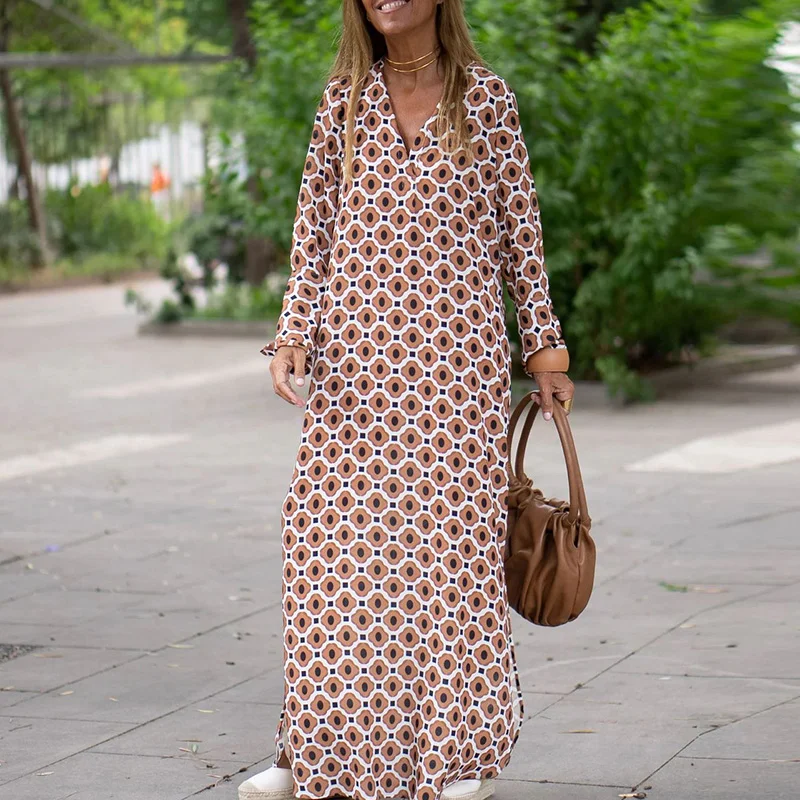 Women Geometric Printing Split Maxi Dress 2023 Summer Causal V Neck Long Sleeve Dresses Female Holiday Beach Boho Dress Vestidos