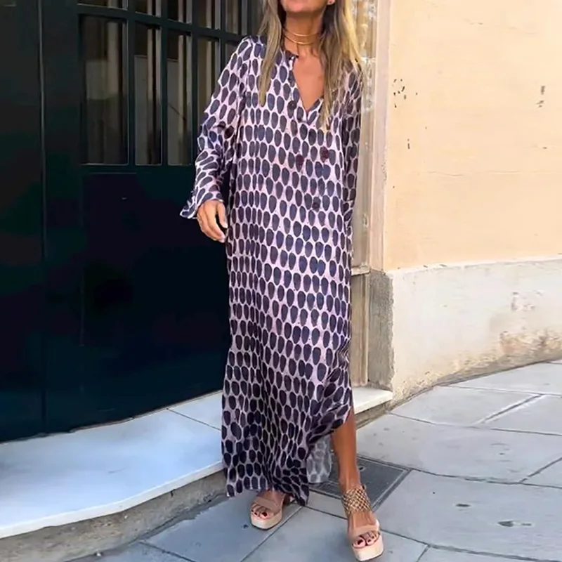 Women Geometric Printing Split Maxi Dress 2023 Summer Causal V Neck Long Sleeve Dresses Female Holiday Beach Boho Dress Vestidos
