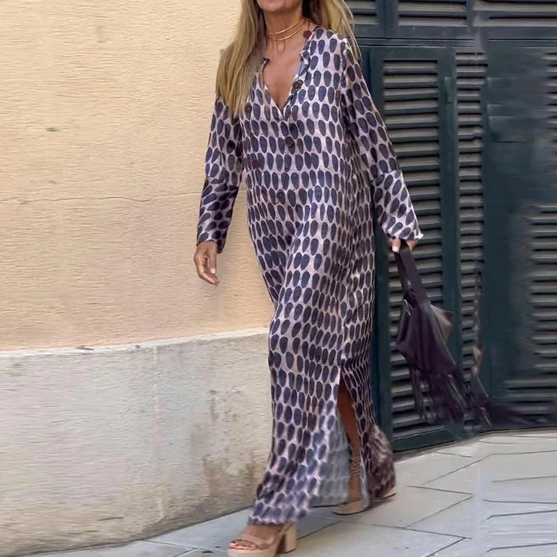 Women Geometric Printing Split Maxi Dress 2023 Summer Causal V Neck Long Sleeve Dresses Female Holiday Beach Boho Dress Vestidos