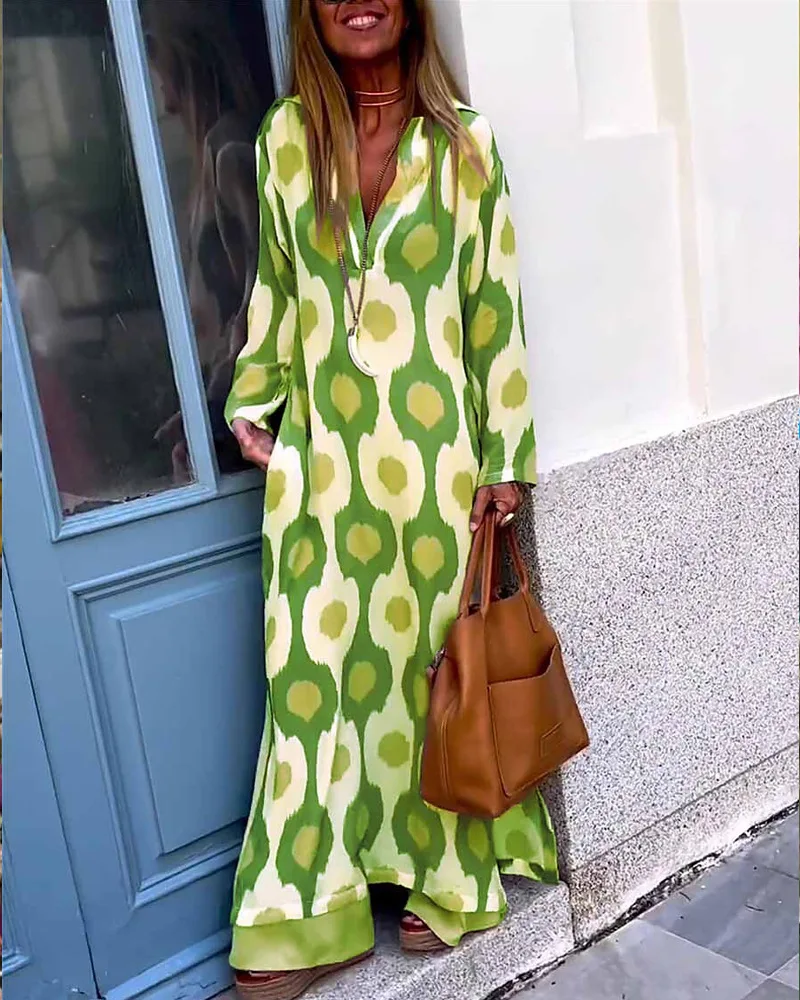 Women Geometric Printing Split Maxi Dress 2023 Summer Causal V Neck Long Sleeve Dresses Female Holiday Beach Boho Dress Vestidos