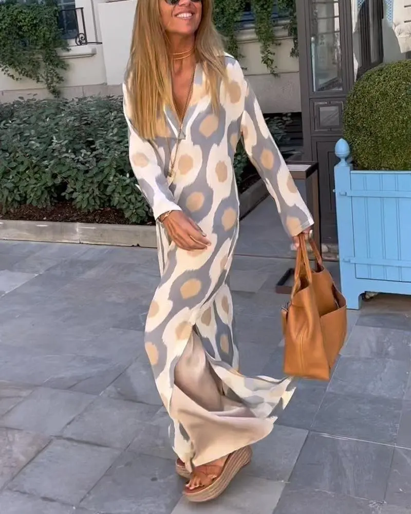 Women Geometric Printing Split Maxi Dress 2023 Summer Causal V Neck Long Sleeve Dresses Female Holiday Beach Boho Dress Vestidos