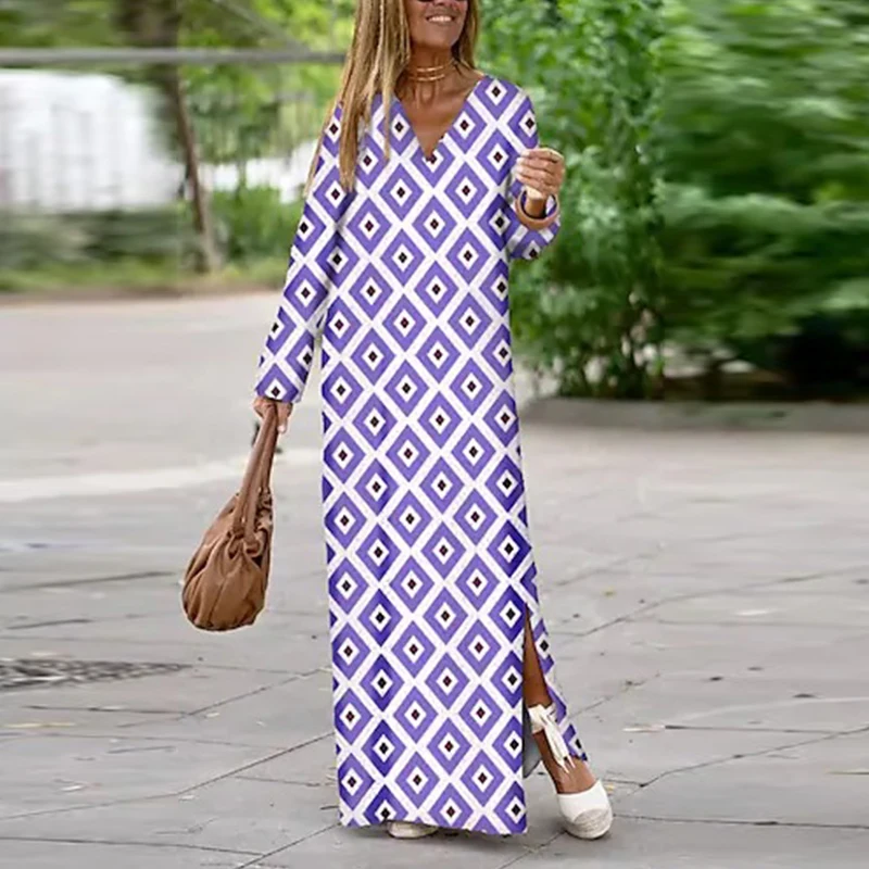 Women Geometric Printing Split Maxi Dress 2023 Summer Causal V Neck Long Sleeve Dresses Female Holiday Beach Boho Dress Vestidos