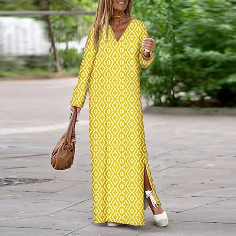Women Geometric Printing Split Maxi Dress 2023 Summer Causal V Neck Long Sleeve Dresses Female Holiday Beach Boho Dress Vestidos