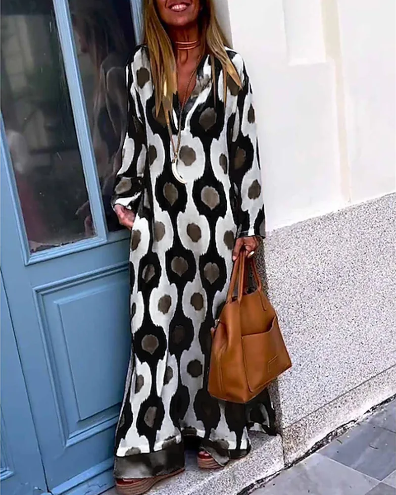 Women Geometric Printing Split Maxi Dress 2023 Summer Causal V Neck Long Sleeve Dresses Female Holiday Beach Boho Dress Vestidos