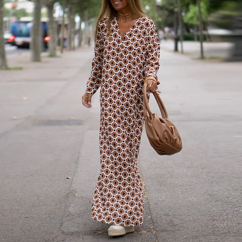Women Geometric Printing Split Maxi Dress 2023 Summer Causal V Neck Long Sleeve Dresses Female Holiday Beach Boho Dress Vestidos