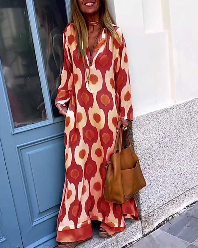 Women Geometric Printing Split Maxi Dress 2023 Summer Causal V Neck Long Sleeve Dresses Female Holiday Beach Boho Dress Vestidos