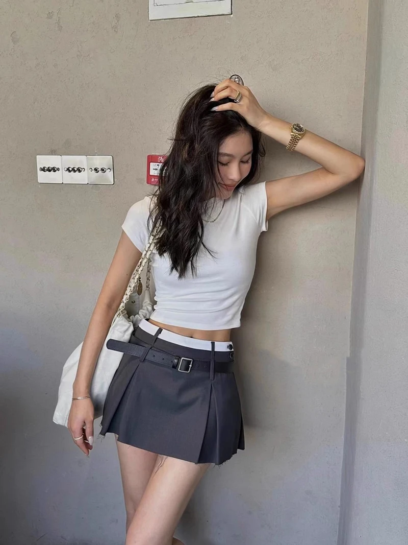 MEXZT Streetwear Belt Mini Skirt Women Korean Patchwork Pleated Skirts Y2K Harajuku Fashion Black Grey All Match A Line Skirt