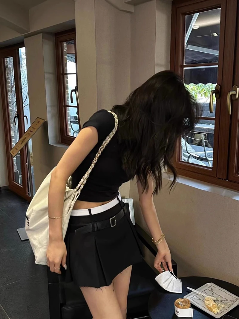 MEXZT Streetwear Belt Mini Skirt Women Korean Patchwork Pleated Skirts Y2K Harajuku Fashion Black Grey All Match A Line Skirt