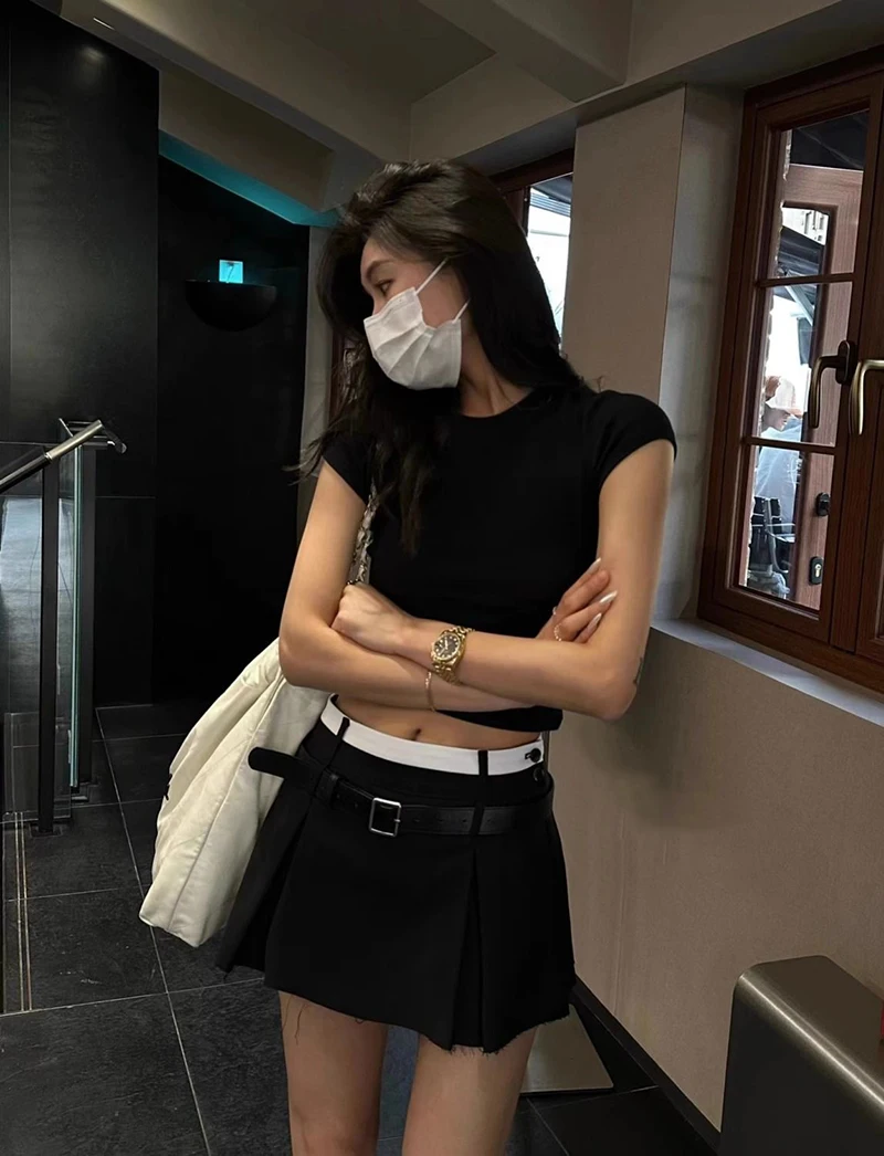 MEXZT Streetwear Belt Mini Skirt Women Korean Patchwork Pleated Skirts Y2K Harajuku Fashion Black Grey All Match A Line Skirt