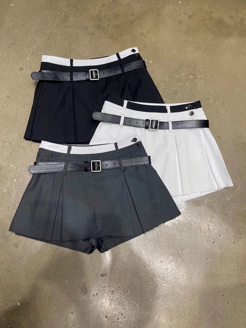 MEXZT Streetwear Belt Mini Skirt Women Korean Patchwork Pleated Skirts Y2K Harajuku Fashion Black Grey All Match A Line Skirt