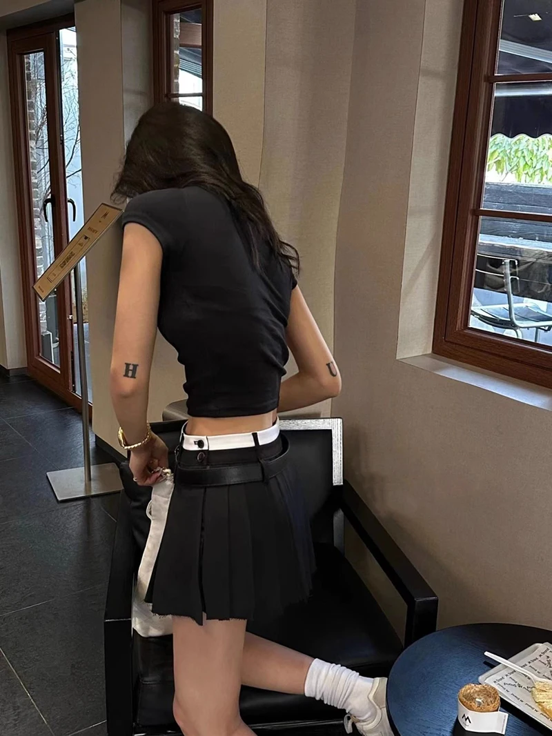 MEXZT Streetwear Belt Mini Skirt Women Korean Patchwork Pleated Skirts Y2K Harajuku Fashion Black Grey All Match A Line Skirt