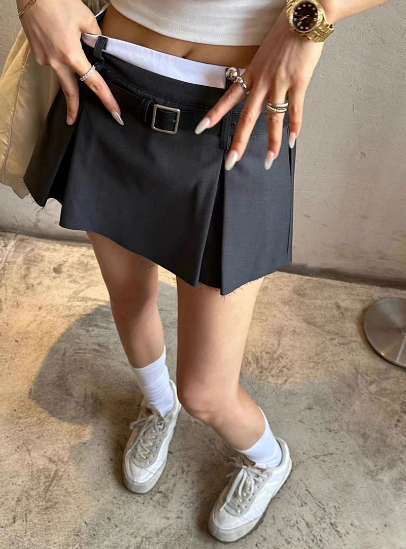 MEXZT Streetwear Belt Mini Skirt Women Korean Patchwork Pleated Skirts Y2K Harajuku Fashion Black Grey All Match A Line Skirt