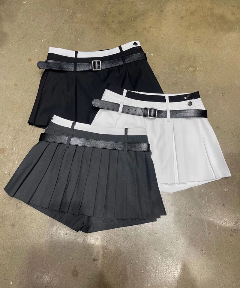 MEXZT Streetwear Belt Mini Skirt Women Korean Patchwork Pleated Skirts Y2K Harajuku Fashion Black Grey All Match A Line Skirt