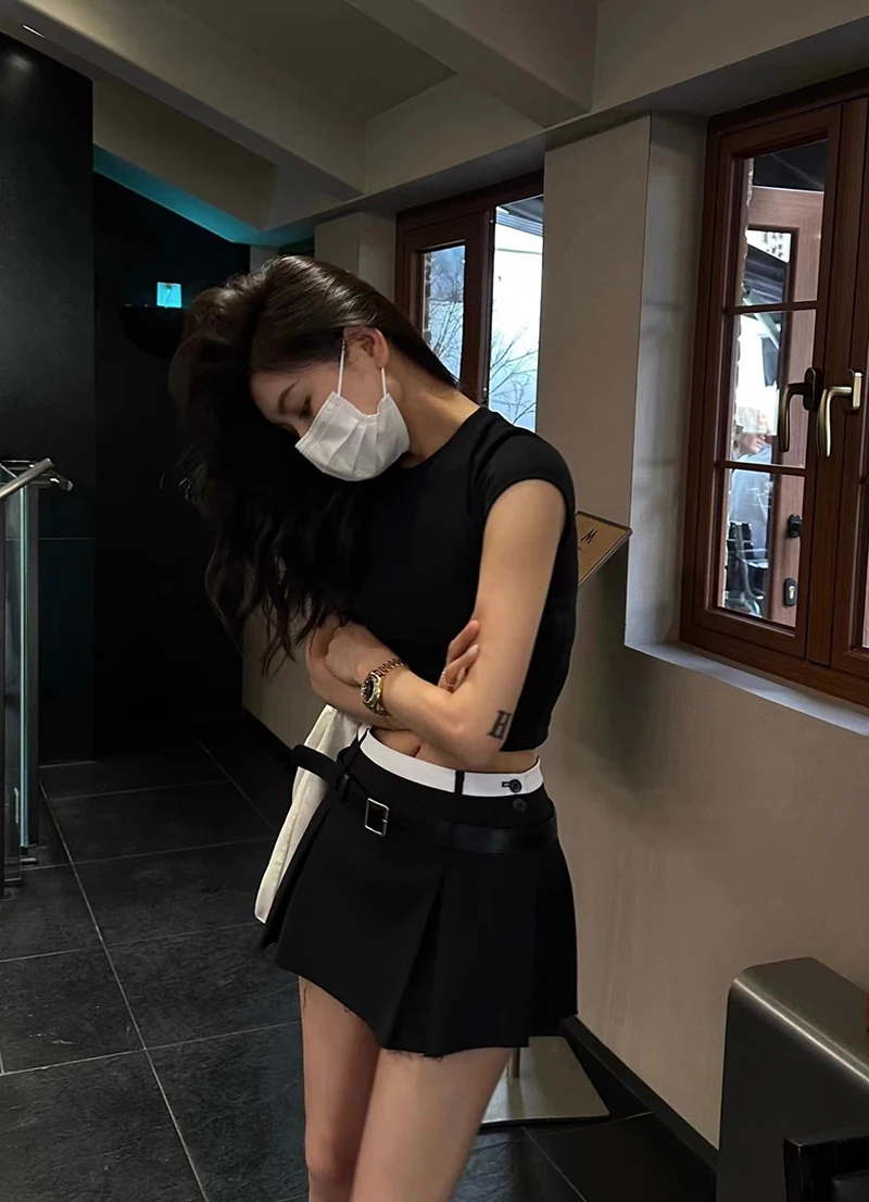 MEXZT Streetwear Belt Mini Skirt Women Korean Patchwork Pleated Skirts Y2K Harajuku Fashion Black Grey All Match A Line Skirt
