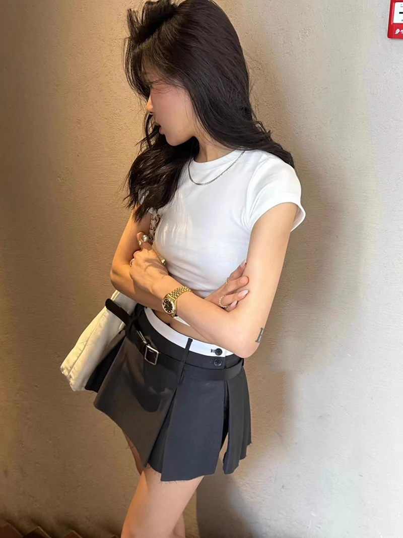 MEXZT Streetwear Belt Mini Skirt Women Korean Patchwork Pleated Skirts Y2K Harajuku Fashion Black Grey All Match A Line Skirt