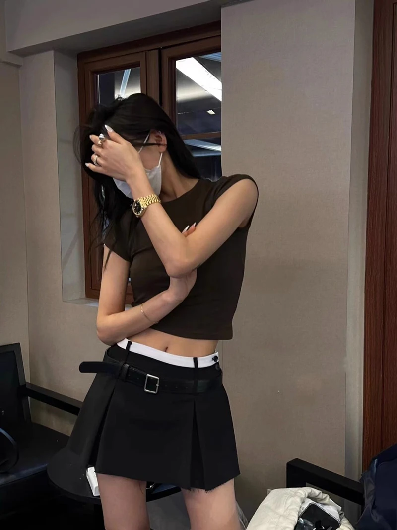 MEXZT Streetwear Belt Mini Skirt Women Korean Patchwork Pleated Skirts Y2K Harajuku Fashion Black Grey All Match A Line Skirt