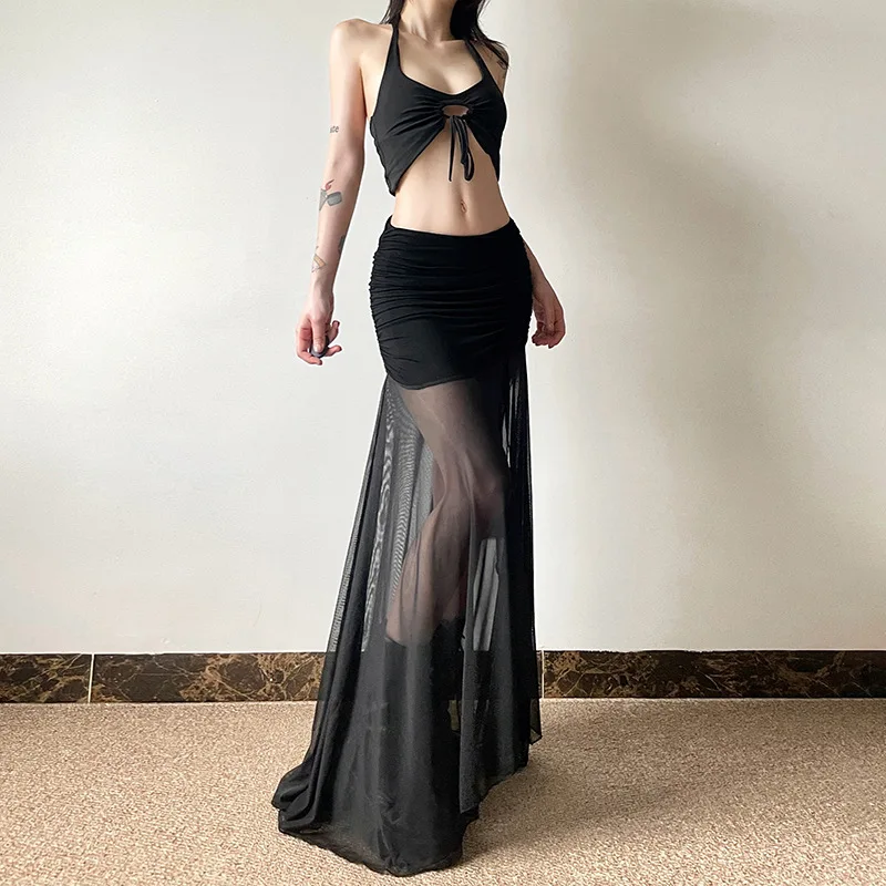 Goth Dark Mall Goth High Waist Mesh Patchwrok Mid Skirts Sexy Hem Split Ruched Bodycon Skirt E-girl Y2K Streetwear Alt Bottoms