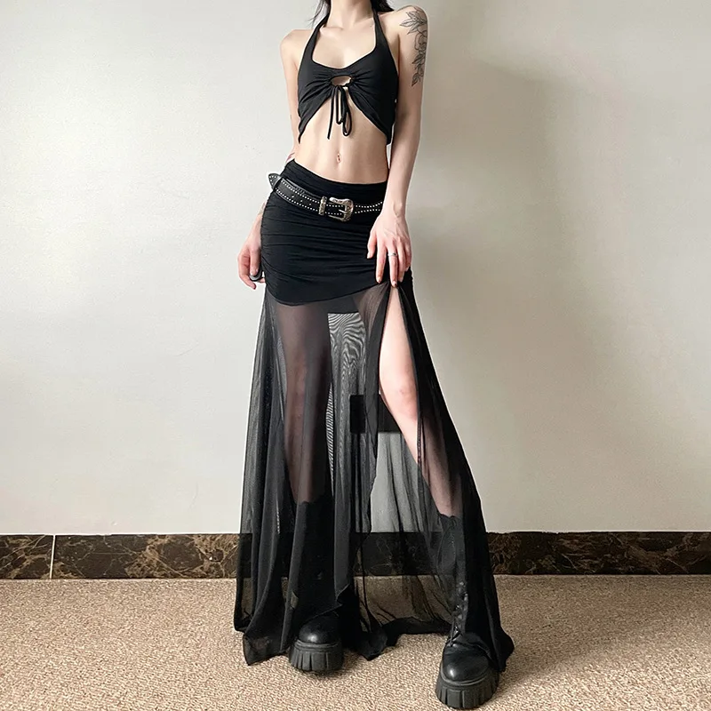 Goth Dark Mall Goth High Waist Mesh Patchwrok Mid Skirts Sexy Hem Split Ruched Bodycon Skirt E-girl Y2K Streetwear Alt Bottoms