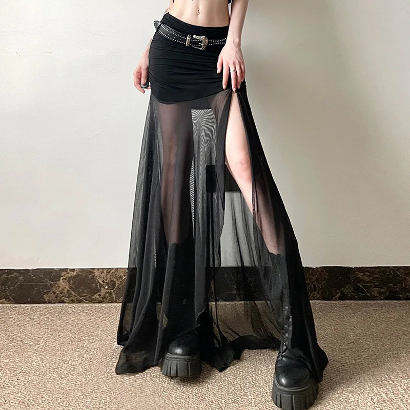 Goth Dark Mall Goth High Waist Mesh Patchwrok Mid Skirts Sexy Hem Split Ruched Bodycon Skirt E-girl Y2K Streetwear Alt Bottoms