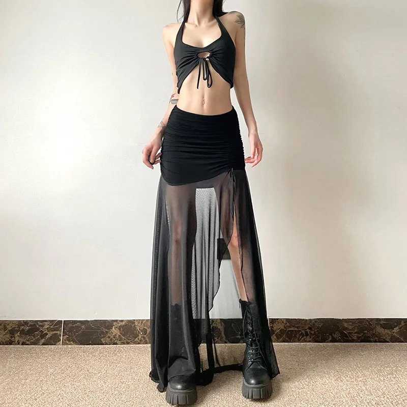 Goth Dark Mall Goth High Waist Mesh Patchwrok Mid Skirts Sexy Hem Split Ruched Bodycon Skirt E-girl Y2K Streetwear Alt Bottoms
