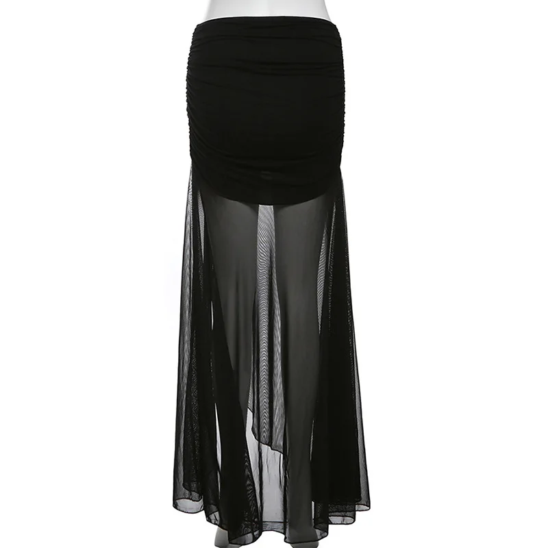 Goth Dark Mall Goth High Waist Mesh Patchwrok Mid Skirts Sexy Hem Split Ruched Bodycon Skirt E-girl Y2K Streetwear Alt Bottoms