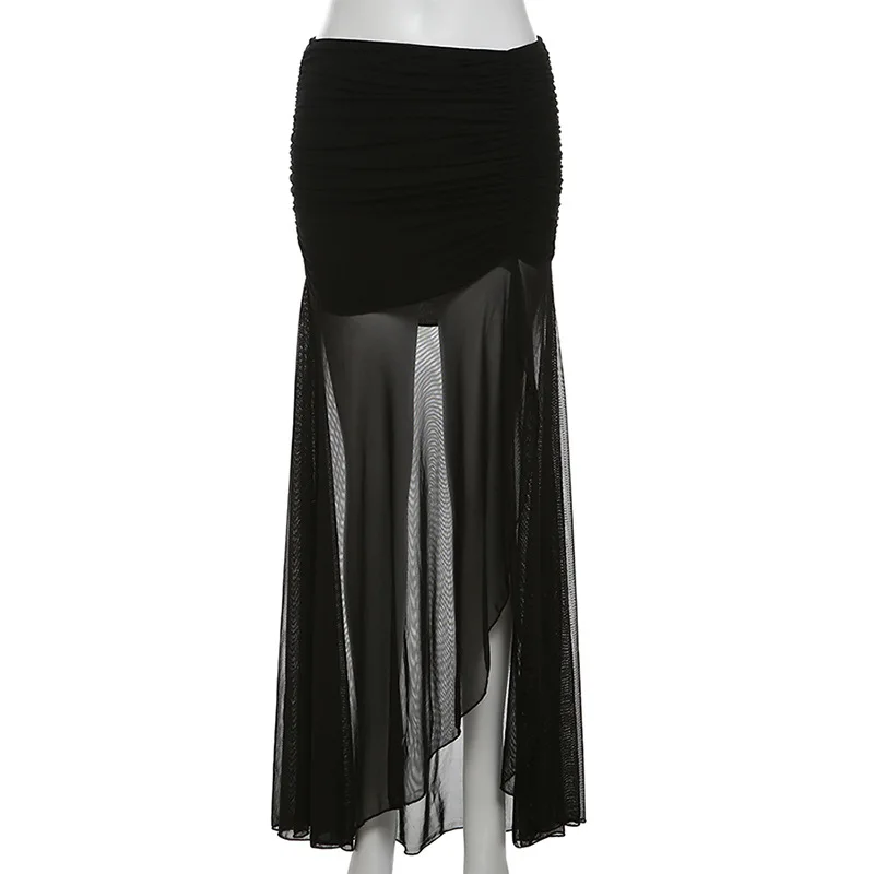 Goth Dark Mall Goth High Waist Mesh Patchwrok Mid Skirts Sexy Hem Split Ruched Bodycon Skirt E-girl Y2K Streetwear Alt Bottoms