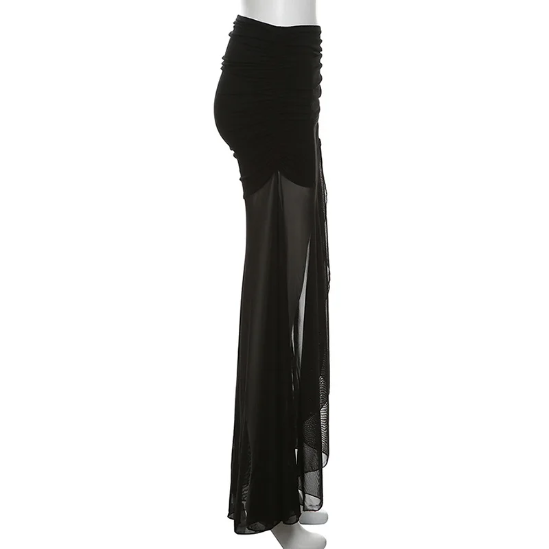 Goth Dark Mall Goth High Waist Mesh Patchwrok Mid Skirts Sexy Hem Split Ruched Bodycon Skirt E-girl Y2K Streetwear Alt Bottoms