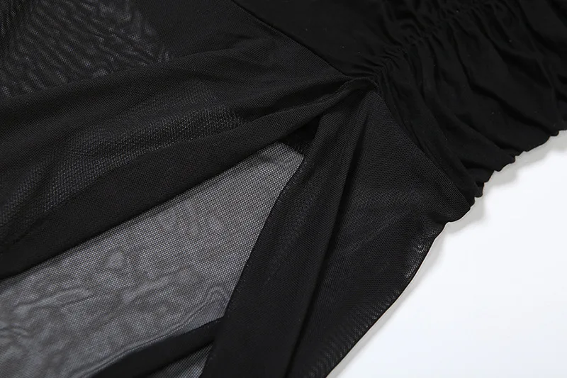 Goth Dark Mall Goth High Waist Mesh Patchwrok Mid Skirts Sexy Hem Split Ruched Bodycon Skirt E-girl Y2K Streetwear Alt Bottoms