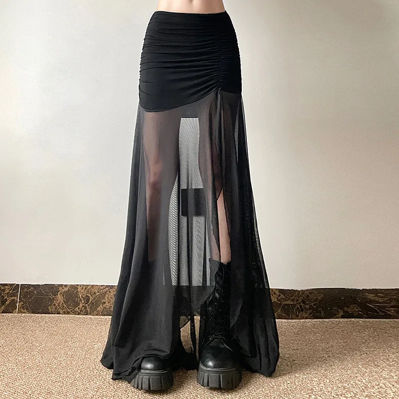Goth Dark Mall Goth High Waist Mesh Patchwrok Mid Skirts Sexy Hem Split Ruched Bodycon Skirt E-girl Y2K Streetwear Alt Bottoms