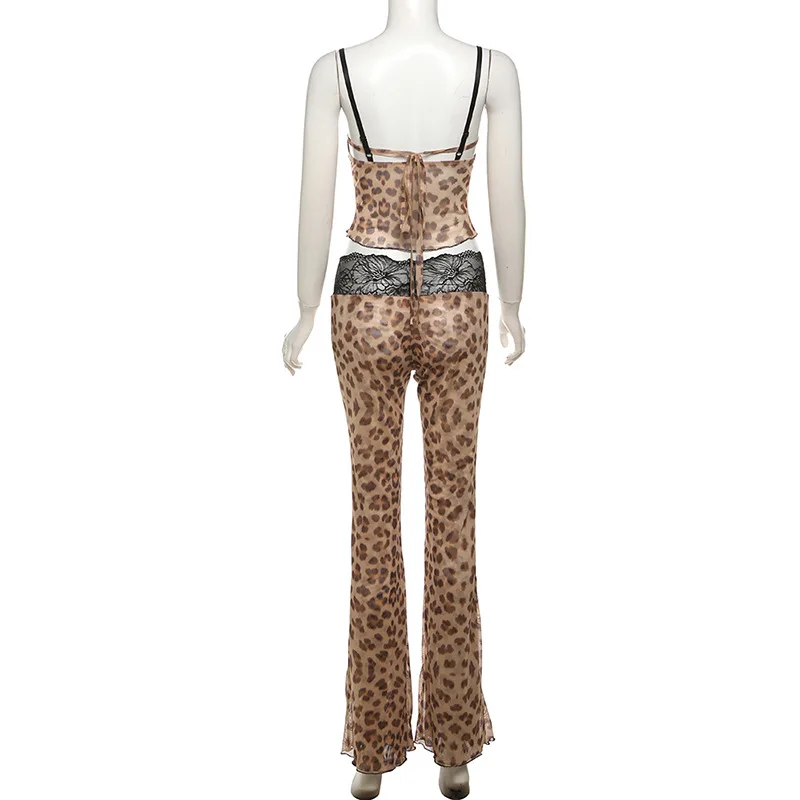 Lace Patchwork Leopard Print Sheer Mesh 2 Piece Set Women Sexy Camisole Crop Tops + Flare Pants Party Clubwear Holiday Suits
