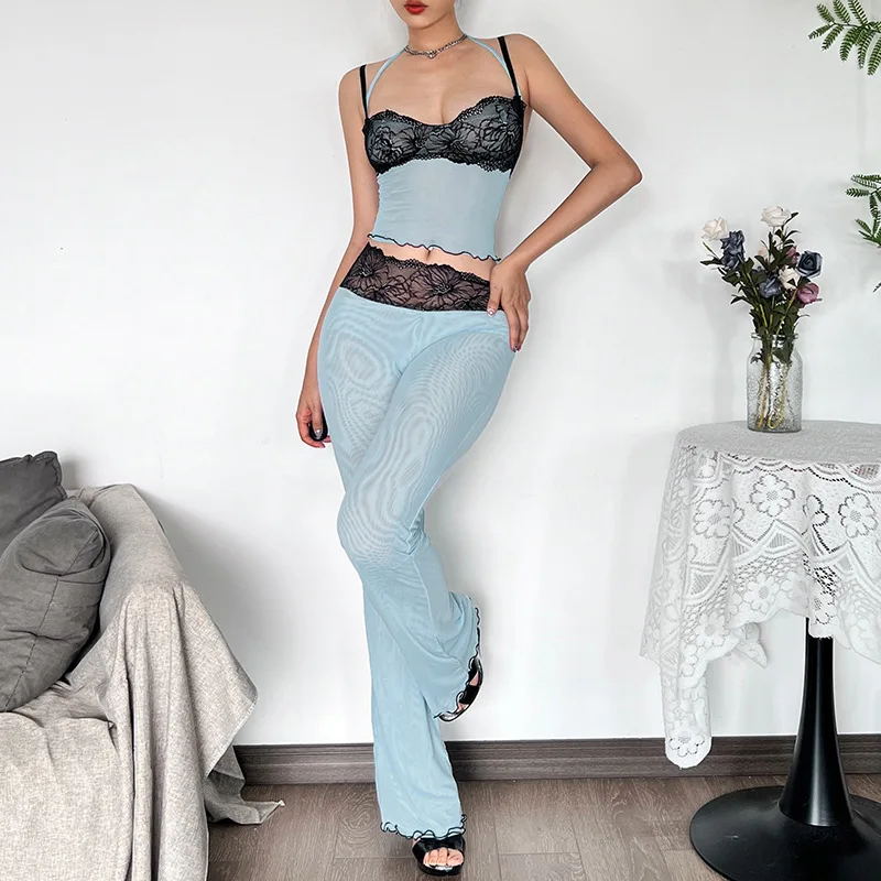 Lace Patchwork Leopard Print Sheer Mesh 2 Piece Set Women Sexy Camisole Crop Tops + Flare Pants Party Clubwear Holiday Suits